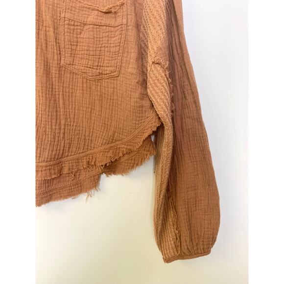 Promesa Brown Cropped Top M Boho Frayed Hem Waffle Oversize Casual Festival Fall - Picture 6 of 10